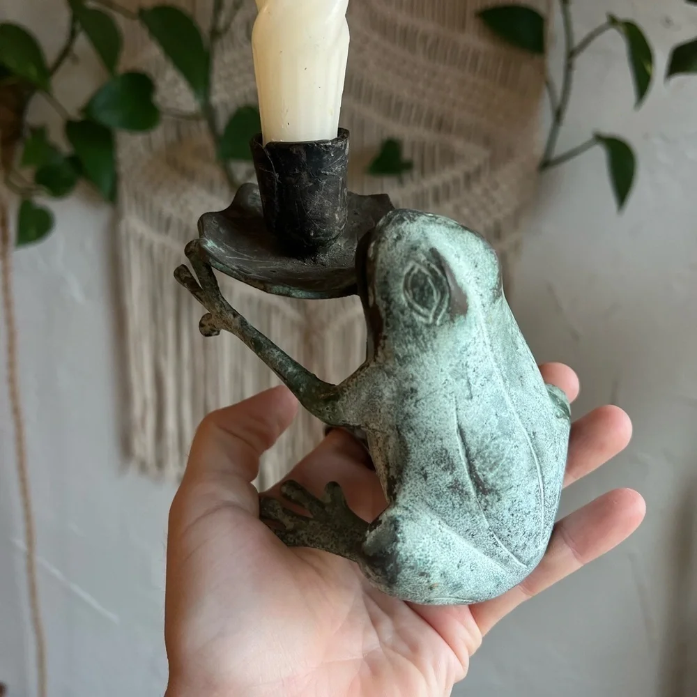 Vintage Cast Metal Frog Candle Holder – Verdigris Whimsical Cottagecore Decor